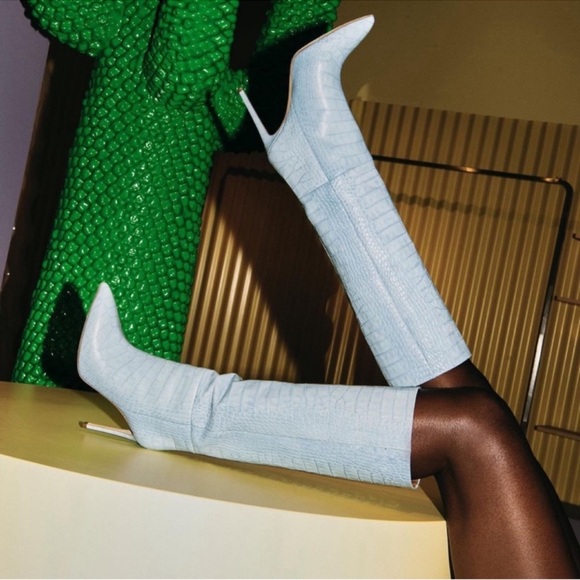 New! PARIS TEXAS 105mm Snakeskin Lizard Effect Knee High Leather Boots in Denim - Picture 4 of 16